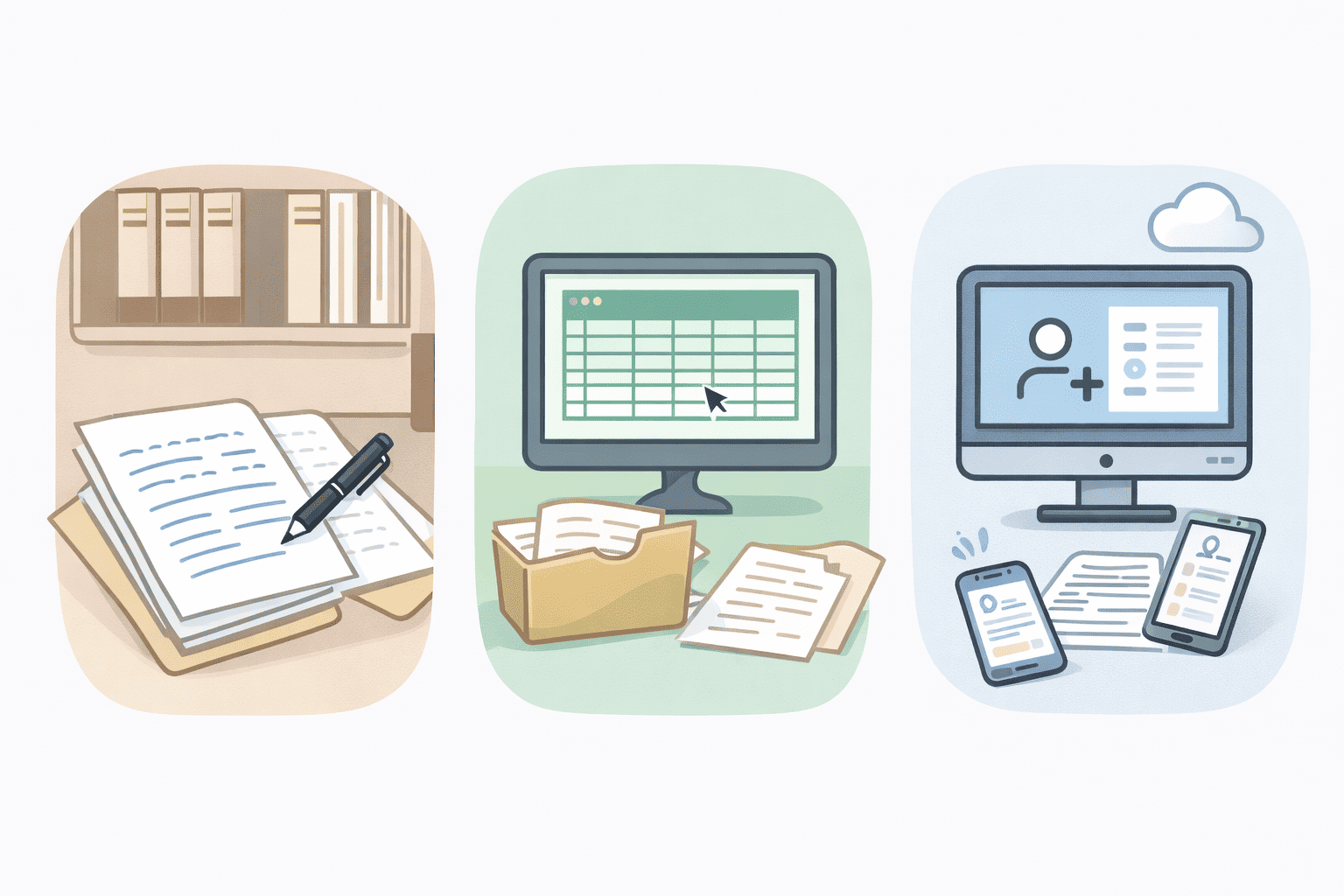 紙記録・Excel管理・介護記録システム（デジタル化）の違いのイメージ
